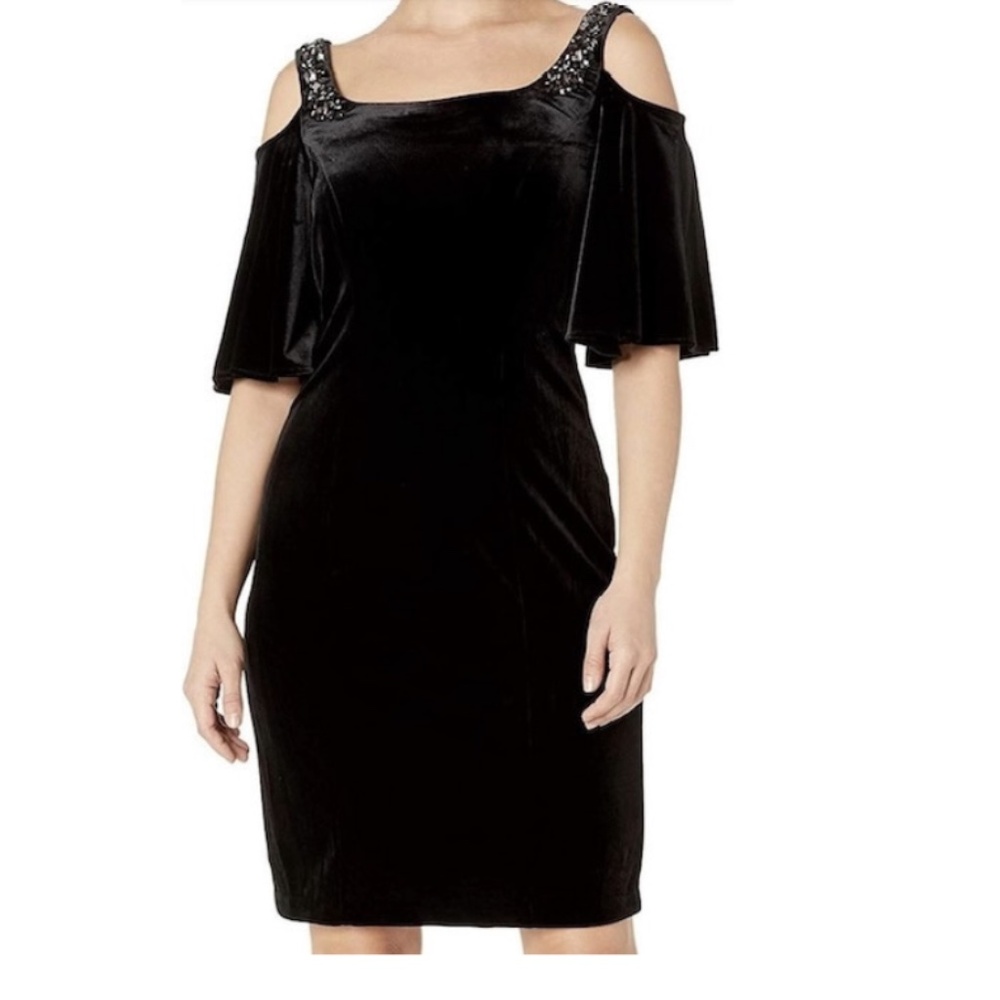 Alex Evenings Women's Short Sexy Cold Shoulder black Velvet Dress - NWT Sz 6
